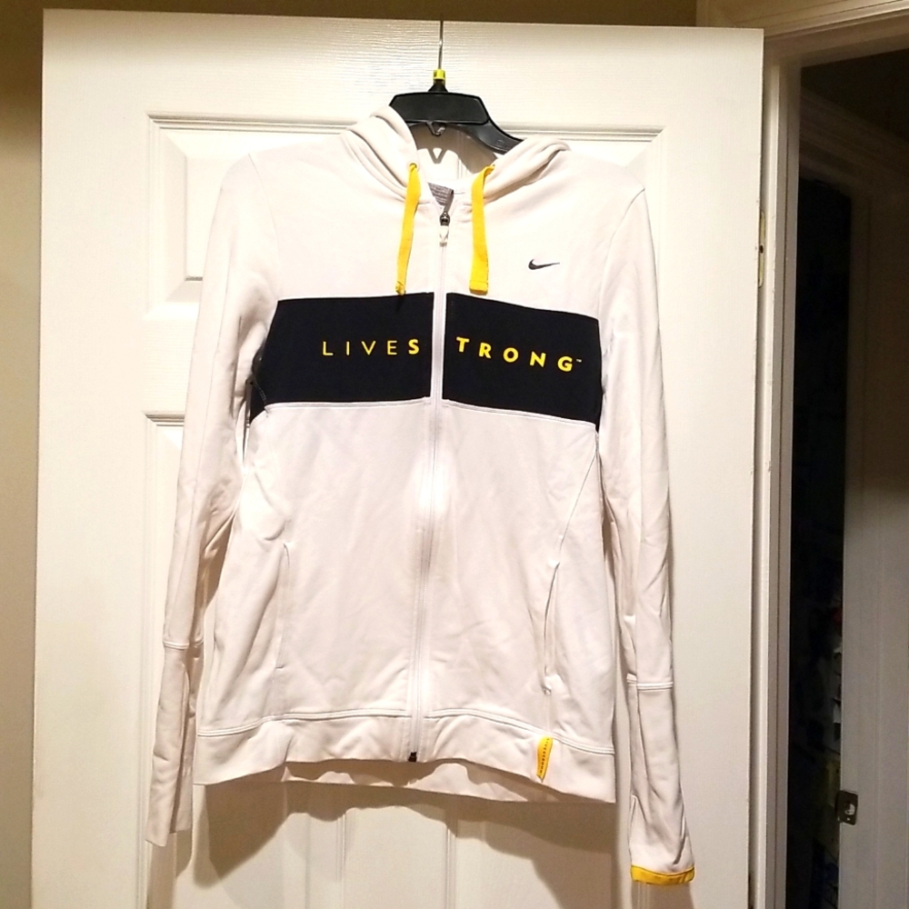 Nike Livestrong Zippered jacket with thumb holes and hood; size large